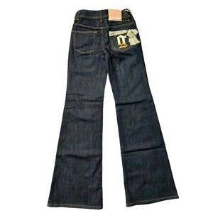 John Galliano Big G Dark Wash Flare Jeans Gold Sequin Embellished Ribbon…